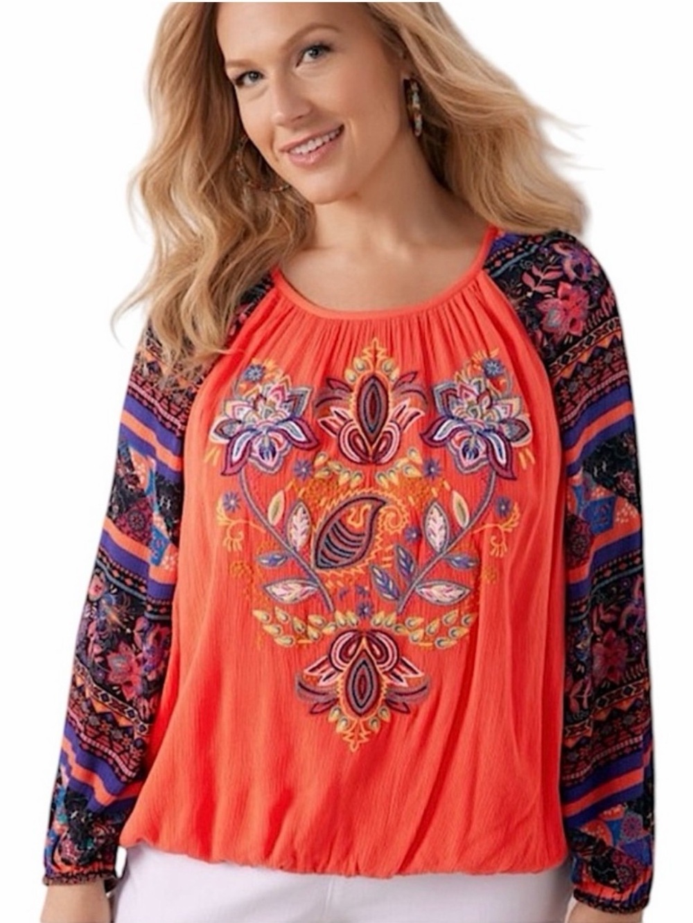 Soft Surroundings Heavily Embroidered “Blame Rio” Floral Tunic Peasant Top PXS